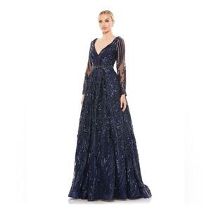 MAC DUGGAL LONG SLEEVE EMBELLISHED EVENING GOWN IN MIDNIGHT BLUE 67113 SIZE 18